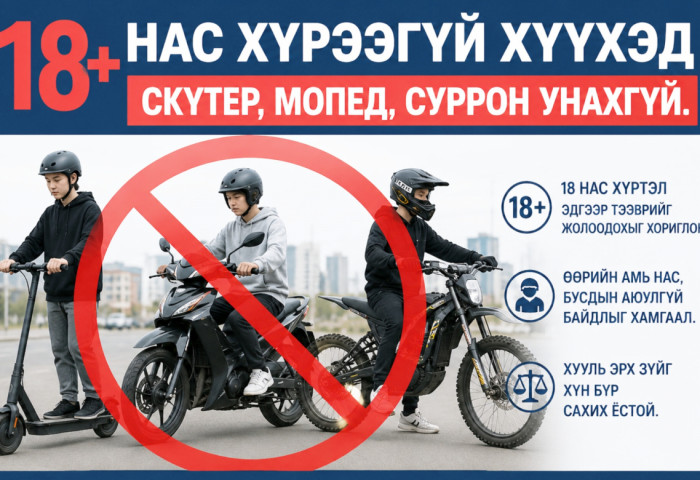 Өнөөдрөөс эхлэн 18 нас хүрээгүй хүүхэд мопед, скүтер, суррон унахгүй