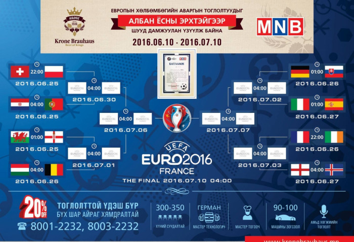 “ЕВРО – 2016”-г Кроне Браухаус онцгой эрхтэйгээр шууд дамжуулан үзүүлж байна