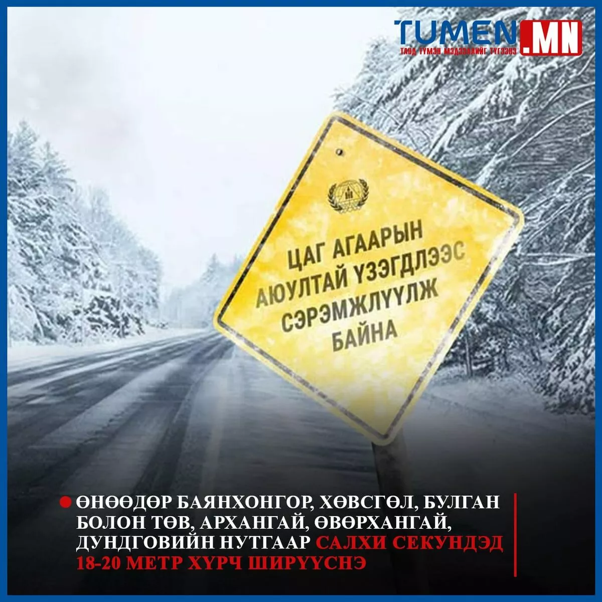 Өнөөдөр Баянхонгор, Хөвсгөл, Булган болон Төв, Архангай, Өвөрхангай, Дундговийн нутгаар салхи секундэд 18-20 метр хүрч ширүүснэ