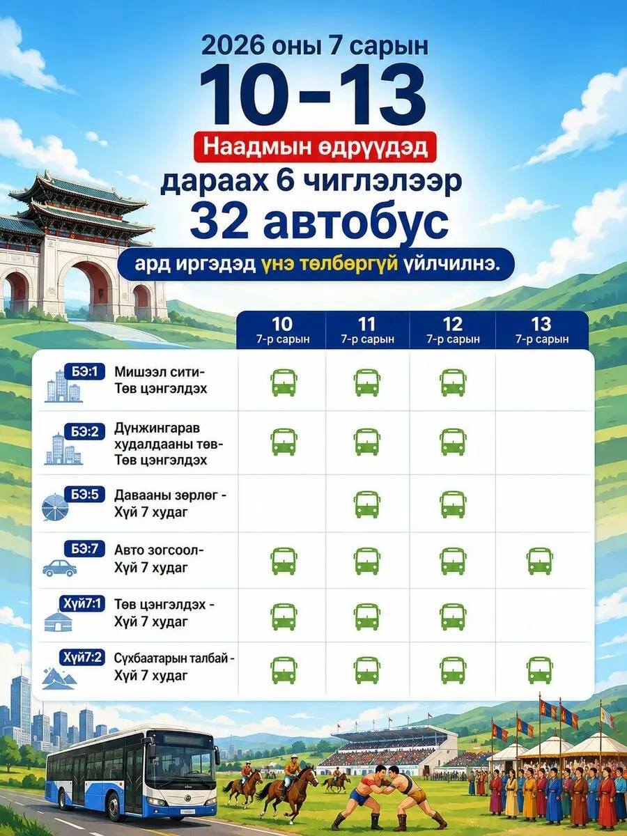 Наадмаар  нийтийн тээврийн автобус иргэдэд үнэгүй үйлчилнэ
