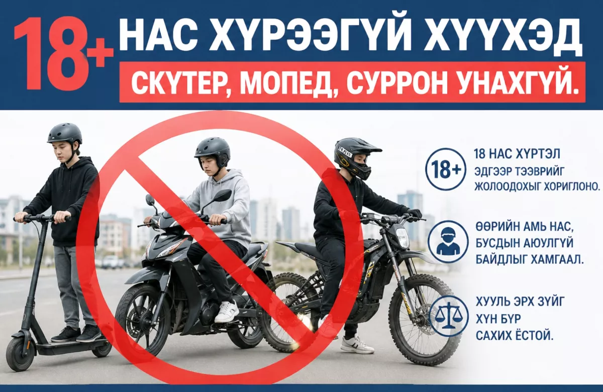 Өнөөдрөөс эхлэн 18 нас хүрээгүй хүүхэд мопед, скүтер, суррон унахгүй