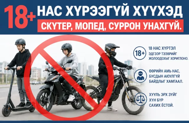 Өнөөдрөөс эхлэн 18 нас хүрээгүй хүүхэд мопед, скүтер, суррон унахгүй