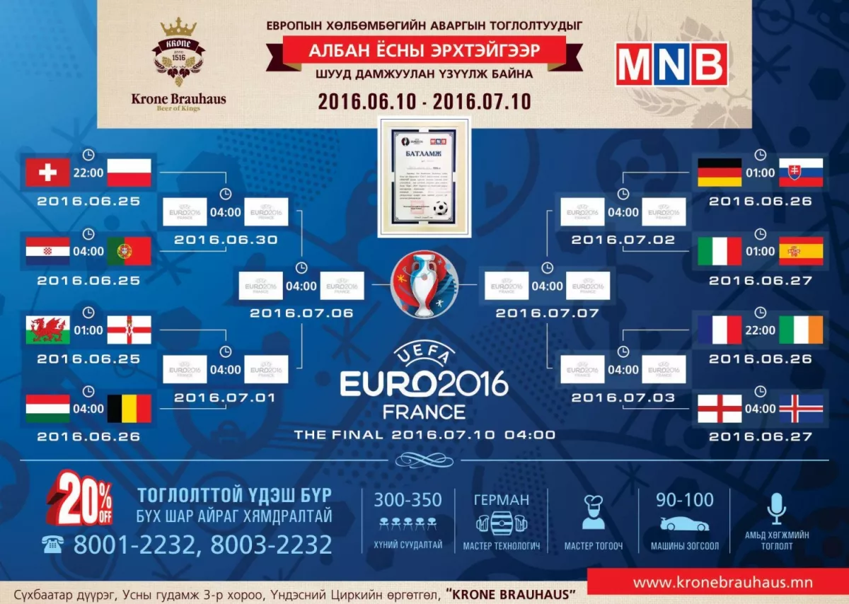 “ЕВРО – 2016”-г Кроне Браухаус онцгой эрхтэйгээр шууд дамжуулан үзүүлж байна